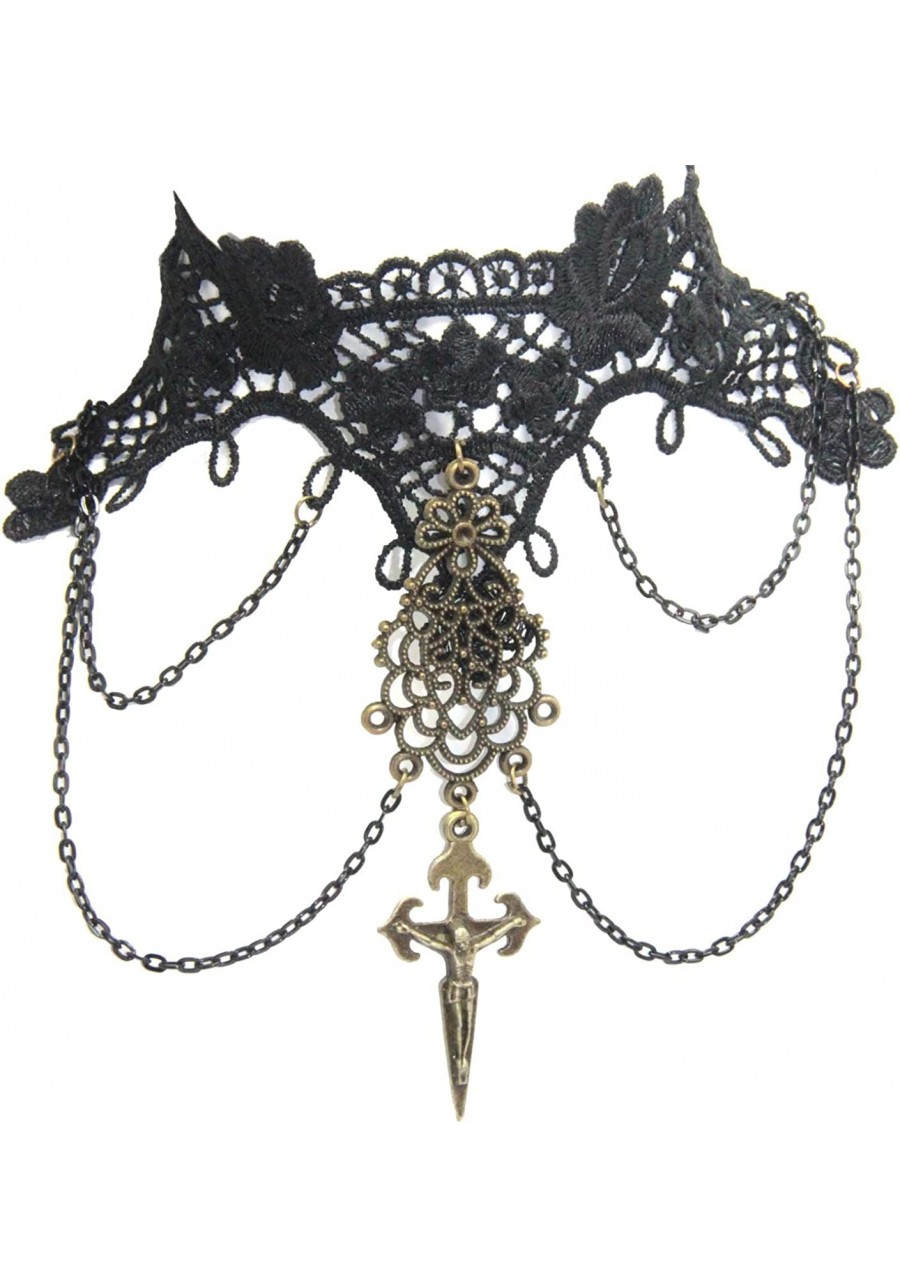 Black Lace Gothic Halloween Cosplay Cross Choker Necklace $19.27 Chokers