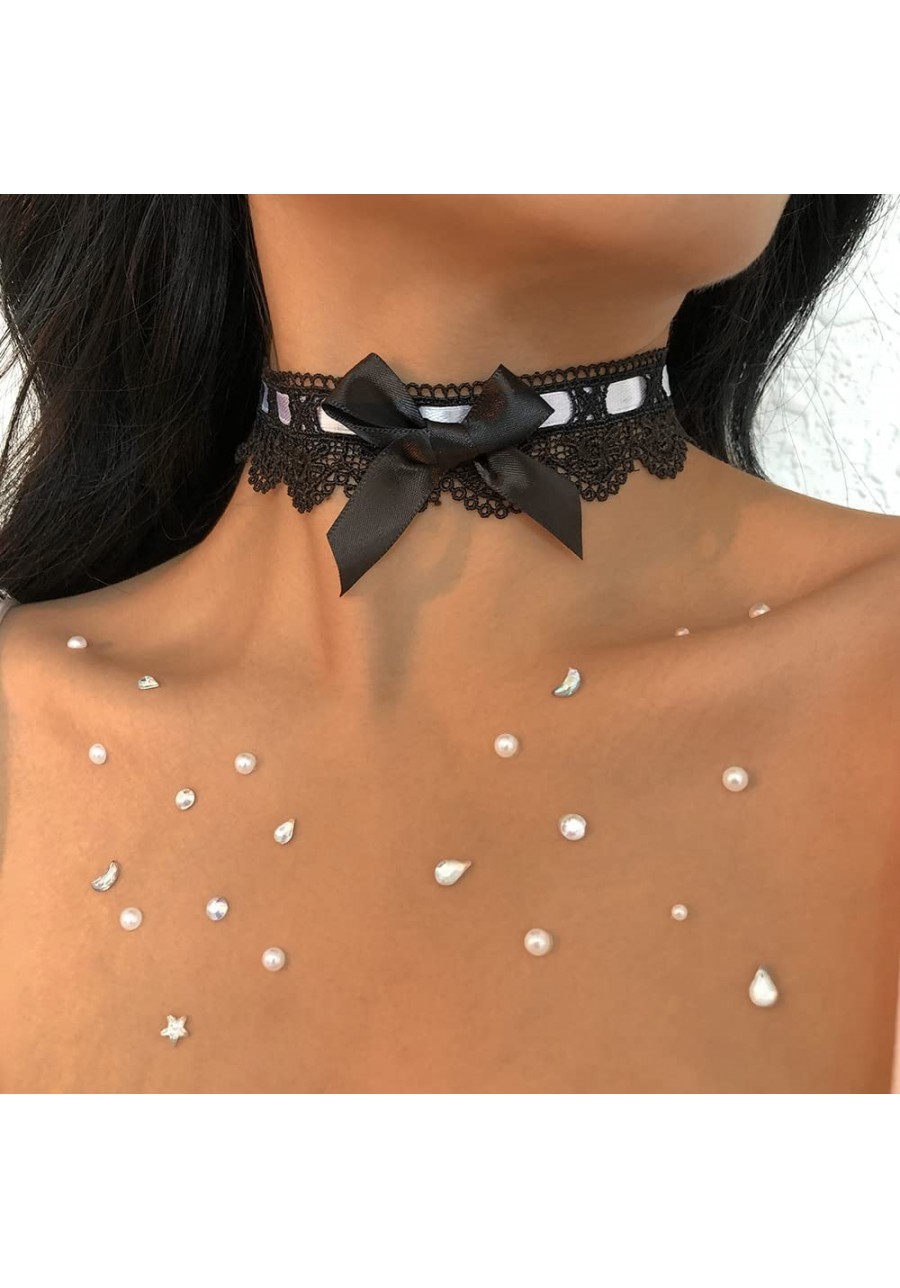 White Lace Bow-Knot Choker Necklace Lovely Lace Bowknot Choker Sweet Stretch Black White Adjustable Necklace for Women Girls(...