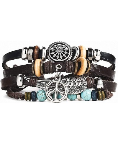 Womens Boho Tibet Stone Feather Multilayer Leather Bracelet Eye Fish Charms Beads Bracelets for Men Vintage Punk Wrap Wristba...