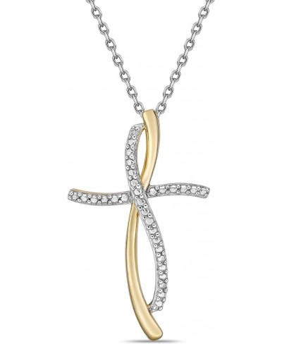 Two Tone 14K Gold Plated .925 Sterling Silver Diamond Asymmetrical Looped Open Heart and Wavy Infinity Cross Pendant Necklace...