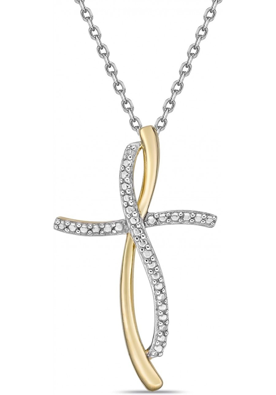 Two Tone 14K Gold Plated .925 Sterling Silver Diamond Asymmetrical Looped Open Heart and Wavy Infinity Cross Pendant Necklace...