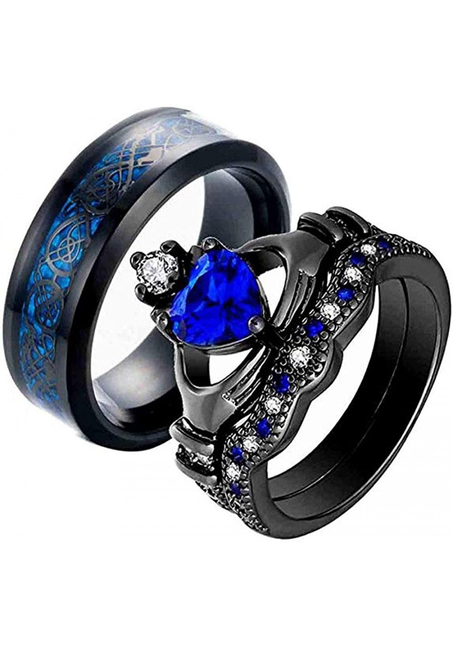 Couple Rings Heart Cut Blue Cz 2pc Womens Wedding Ring Sets Black Gold Filled 8mm Stainless Steel Mens Wedding Band【Buy Two R...