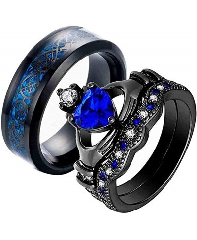 Couple Rings Heart Cut Blue Cz 2pc Womens Wedding Ring Sets Black Gold Filled 8mm Stainless Steel Mens Wedding Band【Buy Two R...