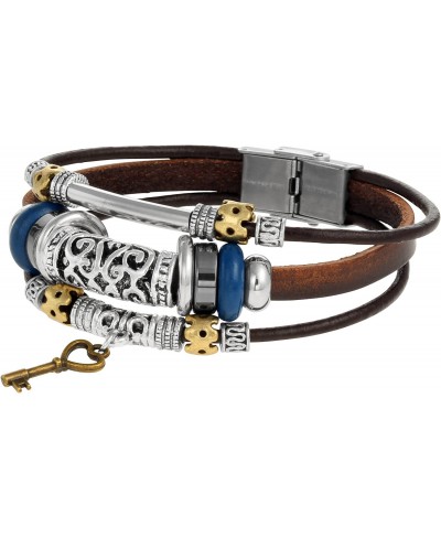 Brown Leather Rope Wrist Bracelet with Metal Alloy Key Charm and Beads Sturdy Clasp Enclosure $9.22 Link