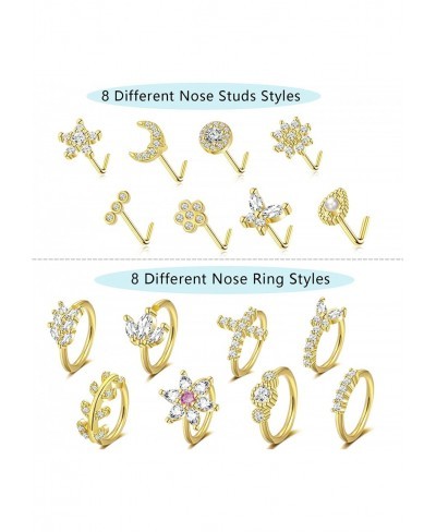 16Pcs 20G Stainless Steel Nose Rings Hoop for Women Men Paved CZ Cartilage Earring Hoop Cute Butterfly Flower Nose Piercing J...