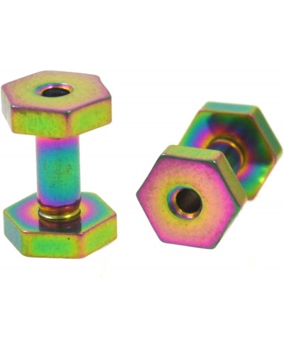 Pair of Screw-Fit Rainbow Color Stainless Steel Hexagon Shape Ear Tunnels Plugs $16.94 Piercing Jewelry