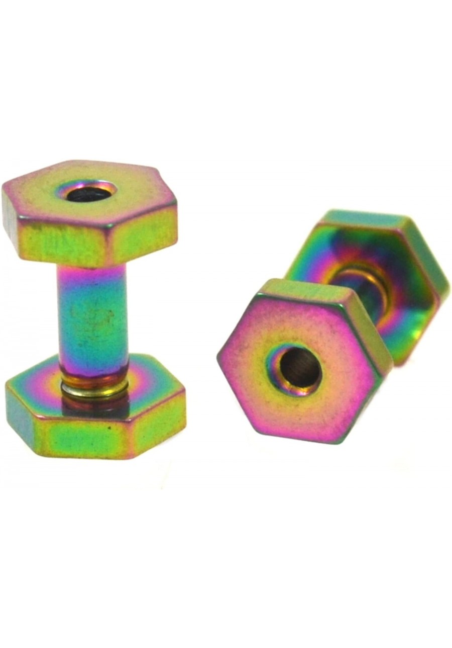 Pair of Screw-Fit Rainbow Color Stainless Steel Hexagon Shape Ear Tunnels Plugs $16.94 Piercing Jewelry