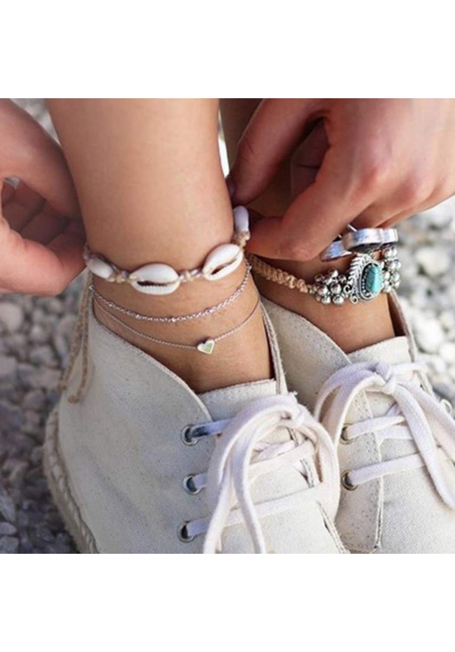 Boho Layered Anklet Silver Shell Anklet Beaded Heart Ankle Bracelets Chain for Women and Girls $7.57 Anklets