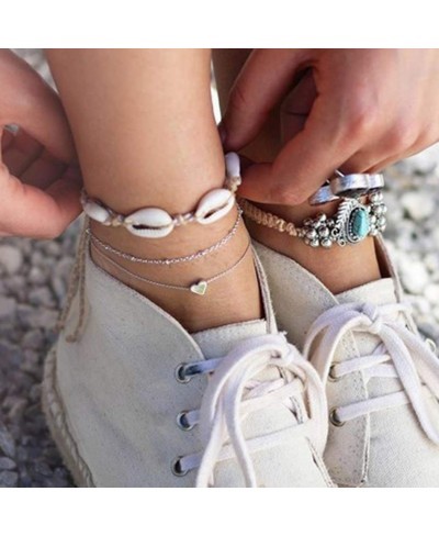 Boho Layered Anklet Silver Shell Anklet Beaded Heart Ankle Bracelets Chain for Women and Girls $7.57 Anklets