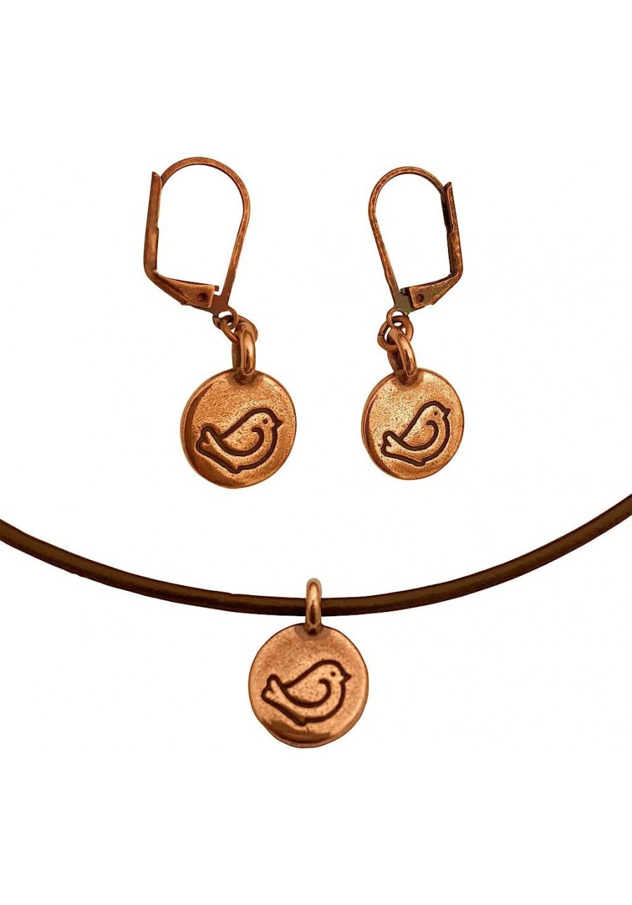 Bird Circle Charm Necklace & Earring Set Antique Copper Brown Leather Adjustable $19.84 Jewelry Sets