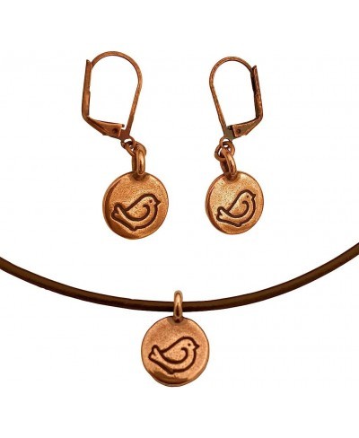 Bird Circle Charm Necklace & Earring Set Antique Copper Brown Leather Adjustable $19.84 Jewelry Sets