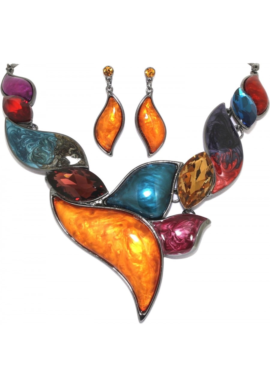 Multi Color Odd Shaped Leaves Dark Gray Bib Necklace Earrings Set Fashion Jewelry $24.17 Jewelry Sets