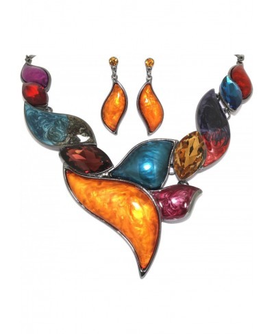 Multi Color Odd Shaped Leaves Dark Gray Bib Necklace Earrings Set Fashion Jewelry $24.17 Jewelry Sets