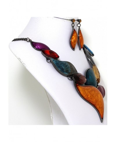 Multi Color Odd Shaped Leaves Dark Gray Bib Necklace Earrings Set Fashion Jewelry $24.17 Jewelry Sets