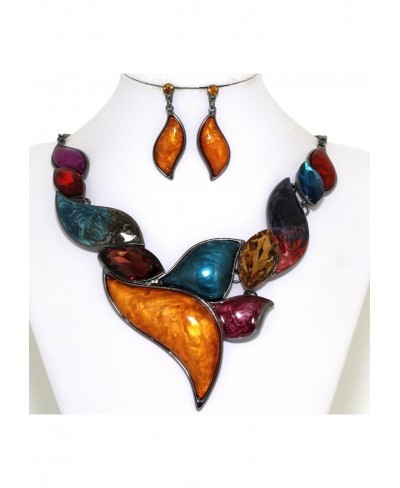 Multi Color Odd Shaped Leaves Dark Gray Bib Necklace Earrings Set Fashion Jewelry $24.17 Jewelry Sets