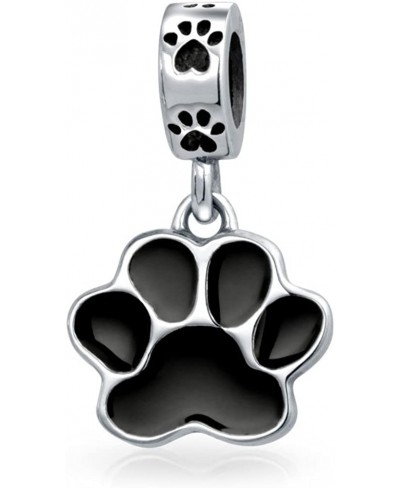 BFF Pet Animal Lover Black Dog Cat Puppy Kitten Paw Print Dangle Charm Bead Women Teen Enamel .925 Silver Fits European Brace...