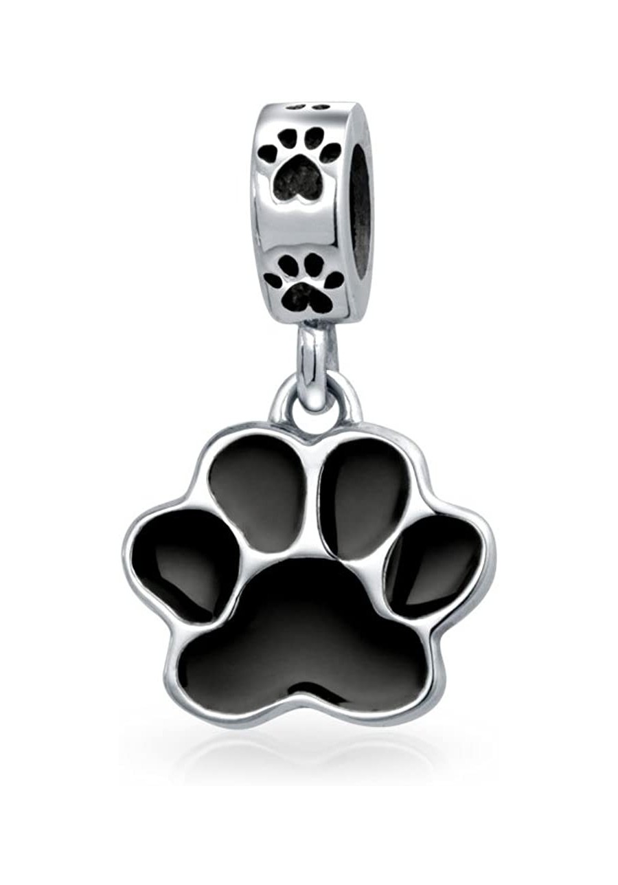 BFF Pet Animal Lover Black Dog Cat Puppy Kitten Paw Print Dangle Charm Bead Women Teen Enamel .925 Silver Fits European Brace...