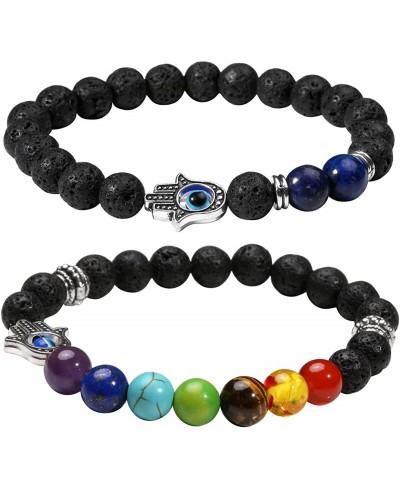 2Pcs Stone Bracelet with Round Ball Evil Eye Hamsa Hand Natural Lava Rock 7 Chakra for Women $18.06 Stretch