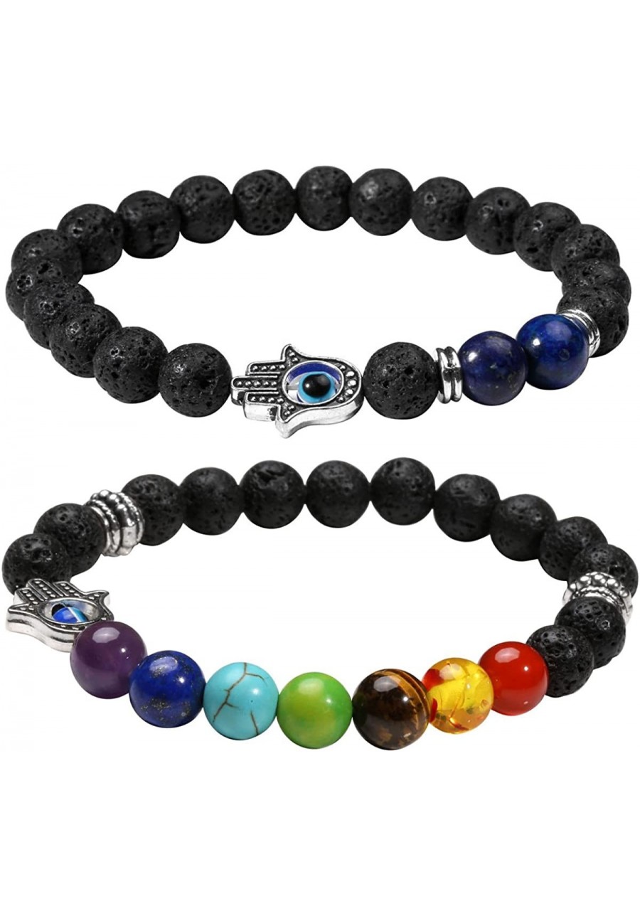 2Pcs Stone Bracelet with Round Ball Evil Eye Hamsa Hand Natural Lava Rock 7 Chakra for Women $18.06 Stretch