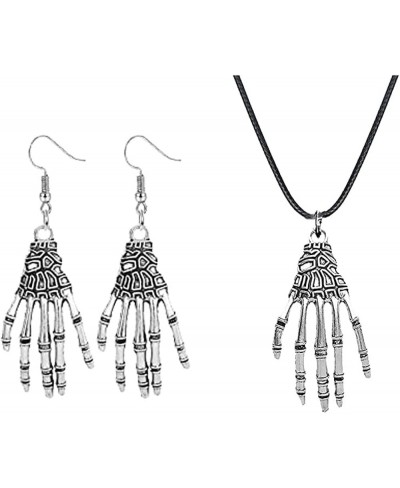 Antique Silver Skeleton Hand Drop Earrings Punk Skeleton Hand Bone leather Necklace Jewelry Set for Women Halloween Gift $8.0...