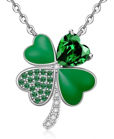 St Patricks Day Shamrock Necklace for Women Girls Sterling Silver Green Four Leaf Clover Necklace Pendant Cubic Zirconia Clov...