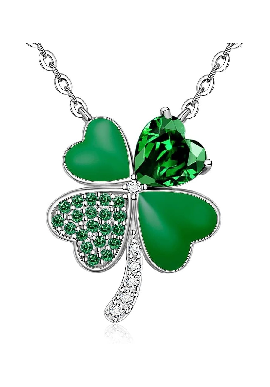 St Patricks Day Shamrock Necklace for Women Girls Sterling Silver Green Four Leaf Clover Necklace Pendant Cubic Zirconia Clov...