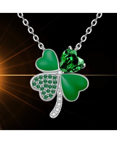 St Patricks Day Shamrock Necklace for Women Girls Sterling Silver Green Four Leaf Clover Necklace Pendant Cubic Zirconia Clov...