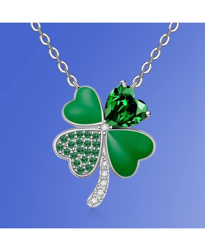 St Patricks Day Shamrock Necklace for Women Girls Sterling Silver Green Four Leaf Clover Necklace Pendant Cubic Zirconia Clov...