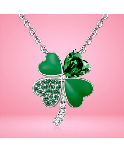 St Patricks Day Shamrock Necklace for Women Girls Sterling Silver Green Four Leaf Clover Necklace Pendant Cubic Zirconia Clov...