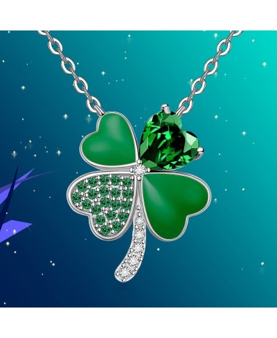 St Patricks Day Shamrock Necklace for Women Girls Sterling Silver Green Four Leaf Clover Necklace Pendant Cubic Zirconia Clov...