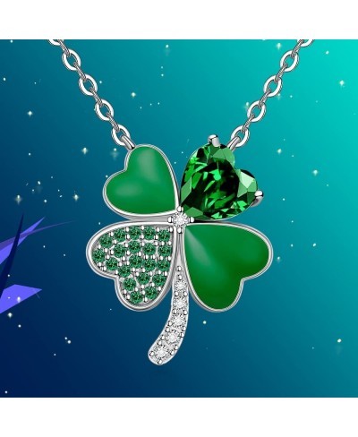 St Patricks Day Shamrock Necklace for Women Girls Sterling Silver Green Four Leaf Clover Necklace Pendant Cubic Zirconia Clov...