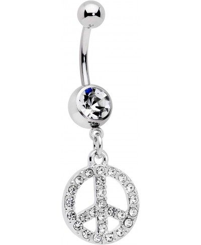 Womens 14G 316L Steel Navel Ring Piercing Clear Accent Peace Sign Dangle Belly Button Ring $19.01 Piercing Jewelry