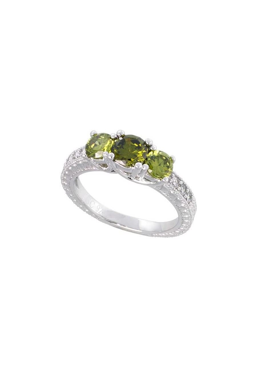 Sterling Silver Vintage Style Engagement Ring w/ two 4mm (.25 ct) & one 5mm (.5 ct) Round Peridot-colored CZ Stones 3/16" (5m...