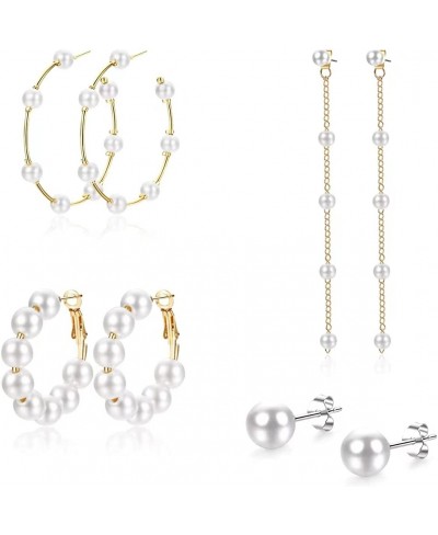 4 Pairs Pearl Earrings for Women Set Lightweight Pearl Hoop Earrings Faux Pearl Stud Earrings Drop Dangling $13.78 Hoop