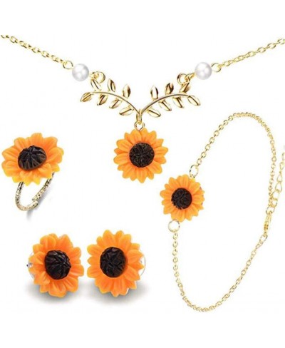 Set of 5 Sunflower Faux Pearl Leaf Chain Resin Boho Petal Pendant Necklace with Sunflower Bracelet Earrings Ring for Women Je...