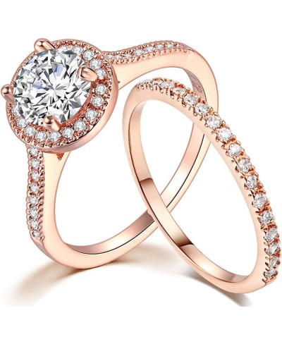 Round Clear Cubic Zirconia CZ Wedding Band Sets Classical Engagement Halo Ring Set for Women Rose Gold Plated Size 5-10 $7.17...