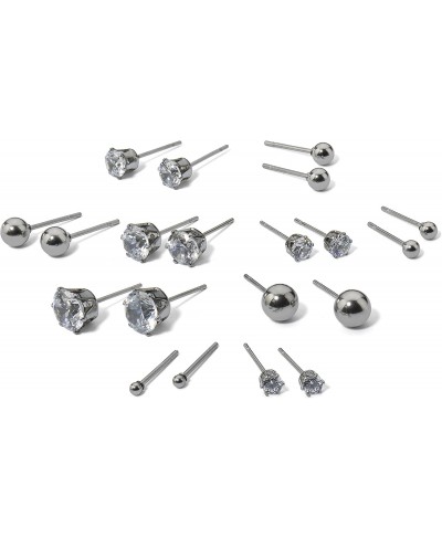 Set of 10 Pair Stud Earrings Stainless Steel Round Ball & White Cubic Zirconia Silver Tone $19.14 Ball