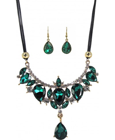 Green Crystal Necklace and Earring Set with teardrop and marquise crystals suspended from a black leather cord. $19.37 Jewelr...