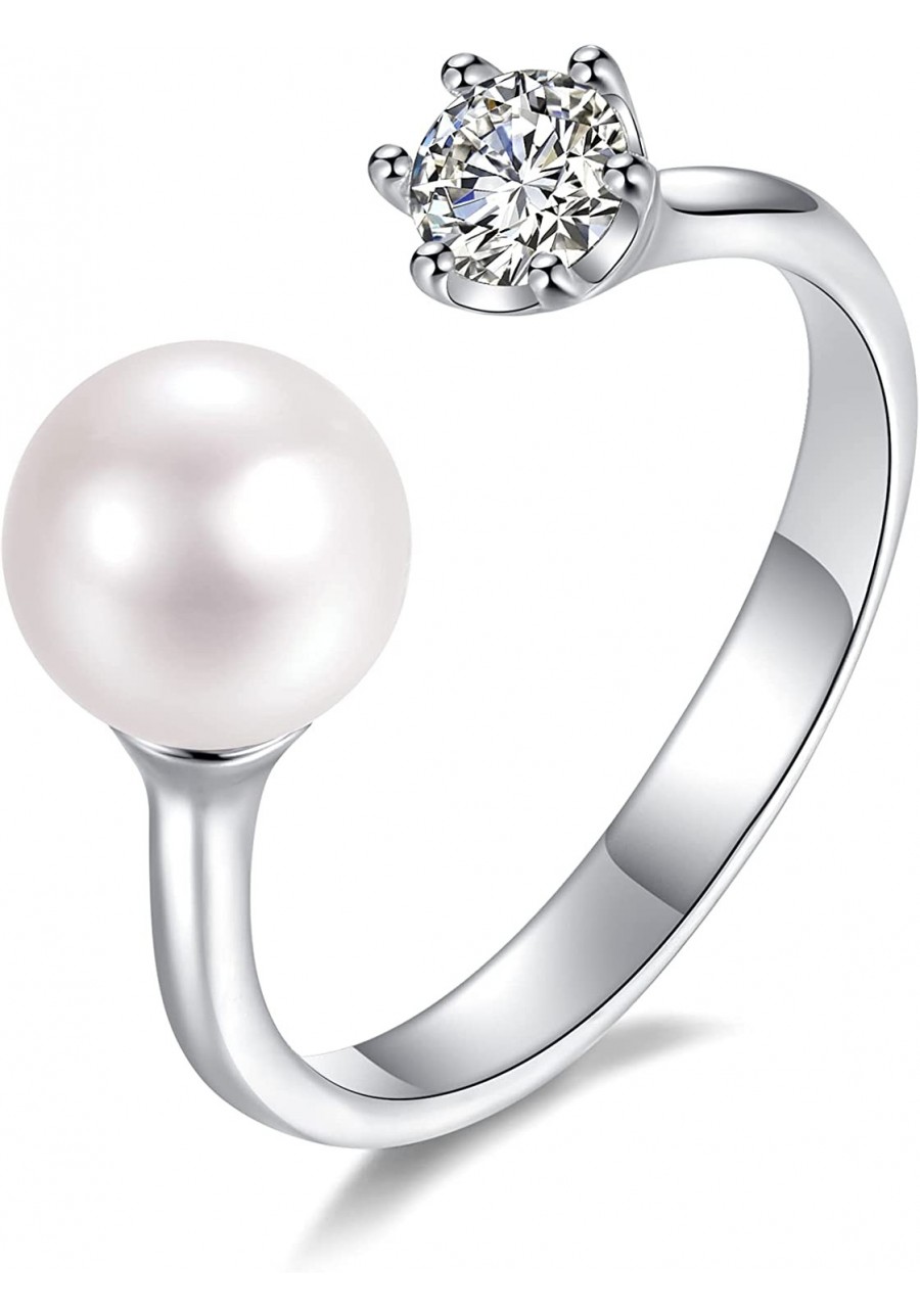 Pearl Ring Sterling Silver Rings for Women 925 Adjustable with Cubic Zirconia Open June Birthstone Rings for Teen Girls with ...