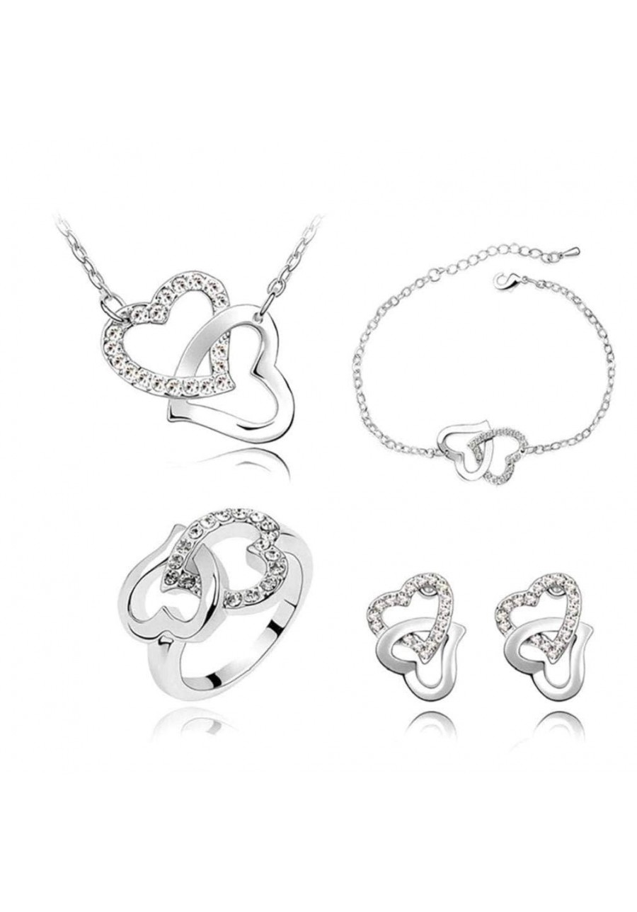 1 Set Diamond Crystal Necklace Earrings Bracelet Ring Heart-shaped Elegant Women Jewellery Set of Pendant (Silver) $9.14 Jewe...