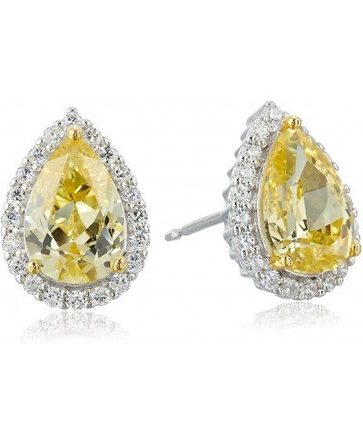 Rhodium Plated Silver Yellow Cubic Zirconia Pear Cut 9x6mm and White Cubic Zirconia Halo-Setting Stud Earrings $33.51 Stud