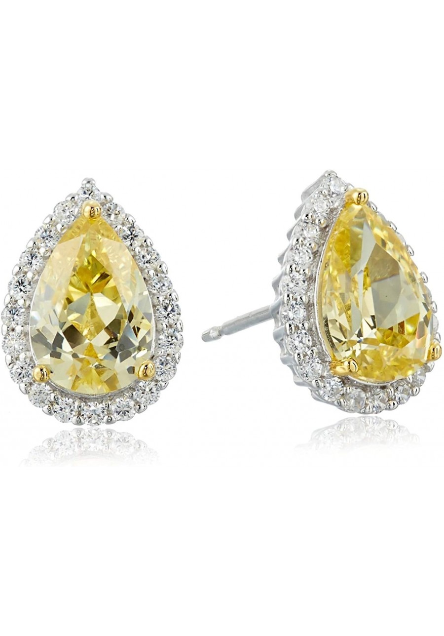 Rhodium Plated Silver Yellow Cubic Zirconia Pear Cut 9x6mm and White Cubic Zirconia Halo-Setting Stud Earrings $33.51 Stud