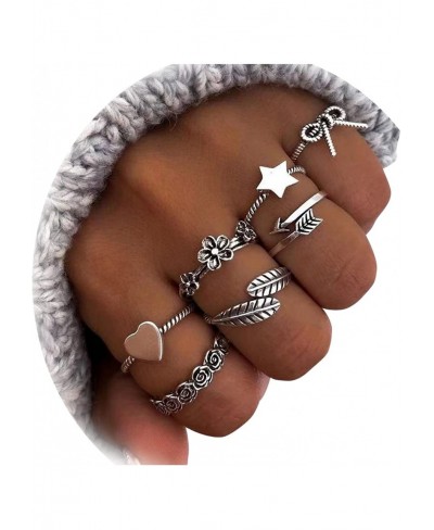 Knuckle Rings for Women Silver Vintage Stackable Rings Cute Flower Heart Star Bow Midi Finger Rings Set for Teen Girls $10.96...