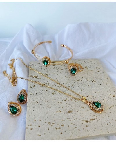 Dainty Teardrop Emerald Jewelry Set for Women Green Necklace and Rhinestone Earrings Set Faux Diamond Party Prom Bridal Jewel...