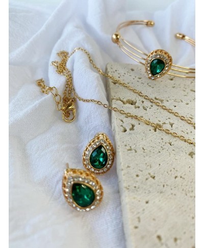 Dainty Teardrop Emerald Jewelry Set for Women Green Necklace and Rhinestone Earrings Set Faux Diamond Party Prom Bridal Jewel...