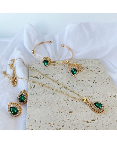 Dainty Teardrop Emerald Jewelry Set for Women Green Necklace and Rhinestone Earrings Set Faux Diamond Party Prom Bridal Jewel...