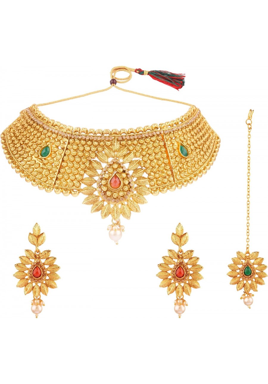 Indian Bollywood Traditional Kundan Faux Pearl Wedding Choker Necklace Earrings Maangtikka Jewelry set $24.51 Jewelry Sets