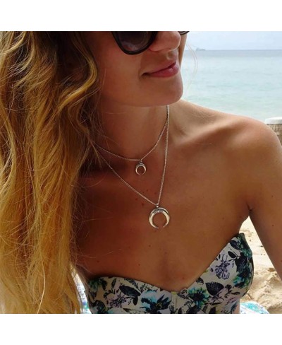 Boho Layered Necklaces Silver Moon Pendant Crescent Choker Short Necklace Chain Jewelry for Women and Girls $9.02 Chokers