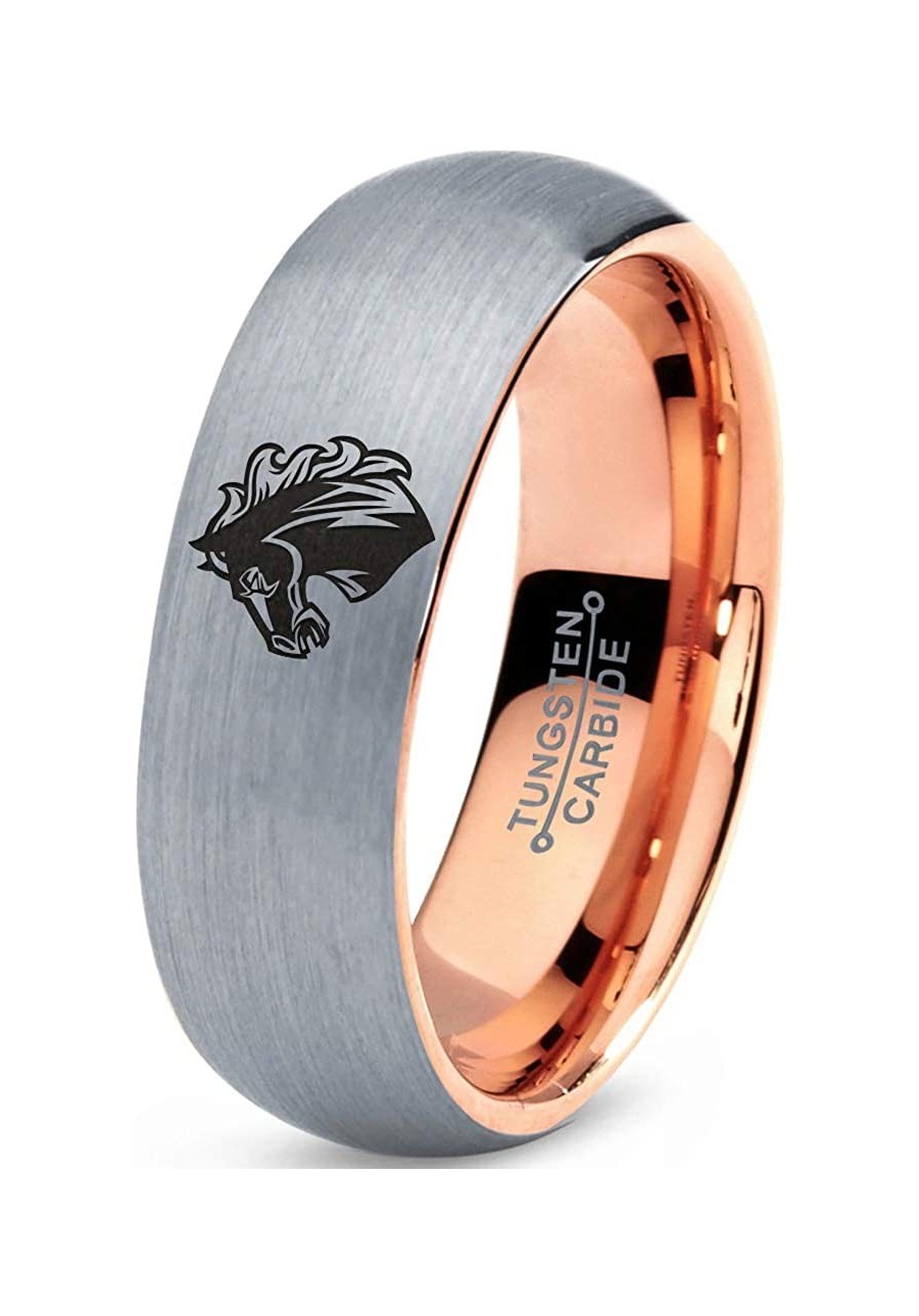 Bronco Horse Horses Equestrian Equine Equidae Ring - Tungsten Band 8mm - Men - Women - 18k Rose Gold Step Bevel Edge - Yellow...