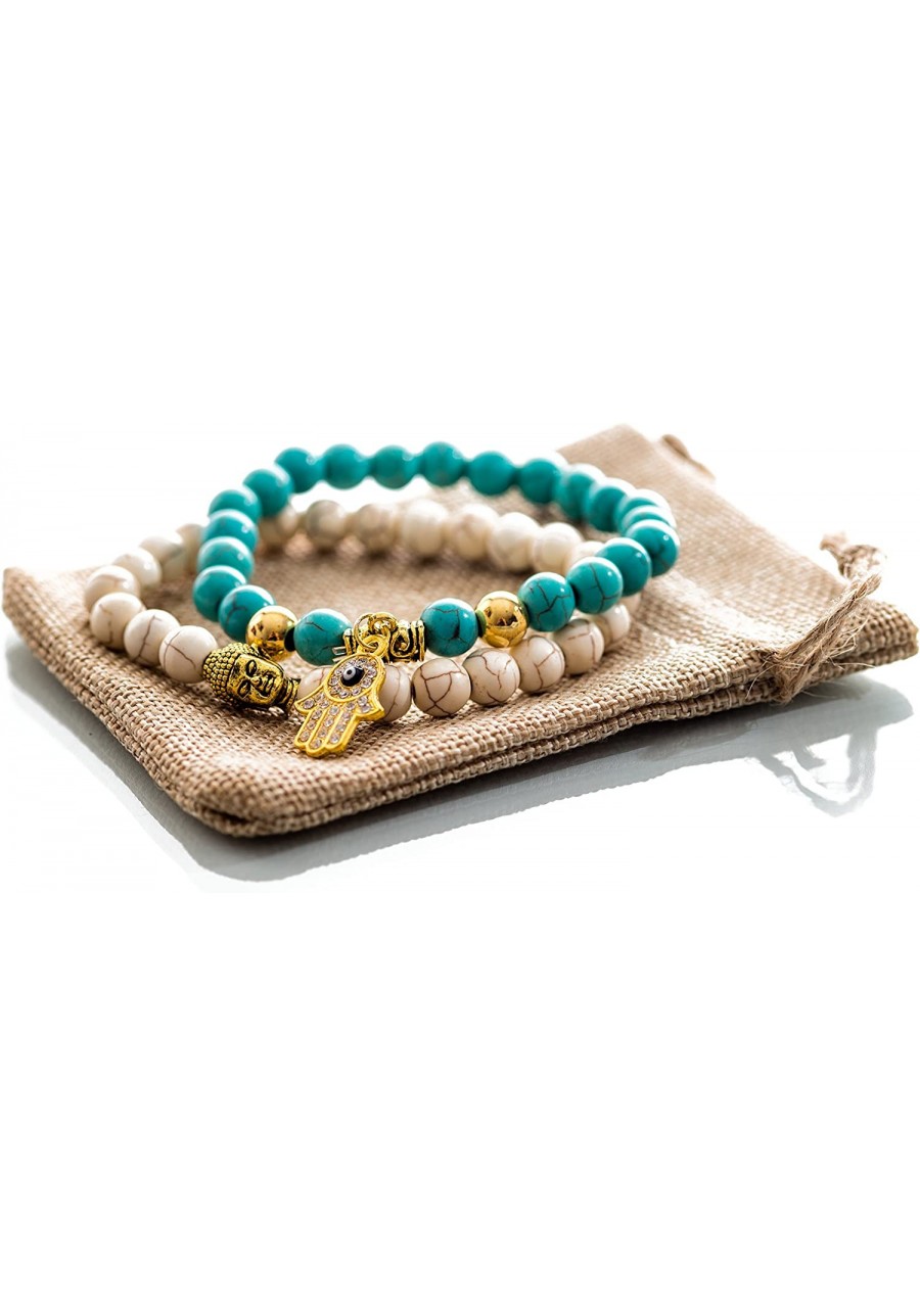 Antique White & Turquoise with Gold Charm Hamsa Buddha Bracelets $37.67 Strand